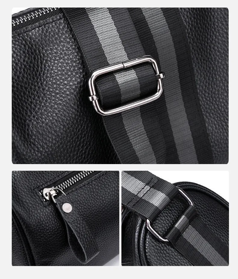 Black genuine leather one-shoulder crossbody bag showing its large size and crossbody strap.