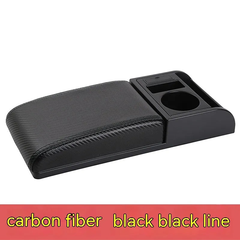 Universal car armrest cover in black with red decorative lines showing PU leather texture surface