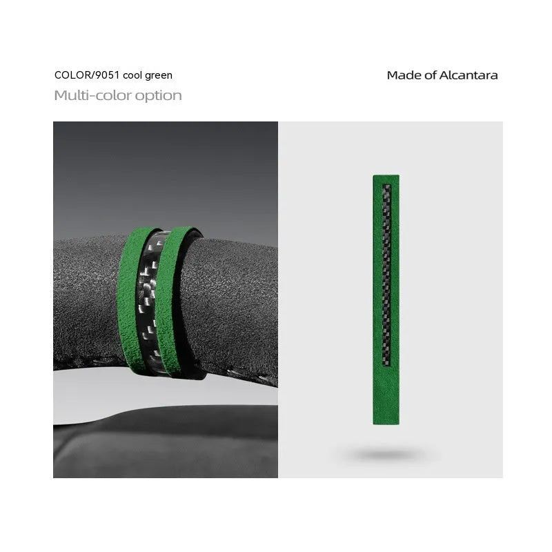 Suede carbon fibre steering wheel back-to-standard cover in twelve colours including Tundra Green and Carbon Black