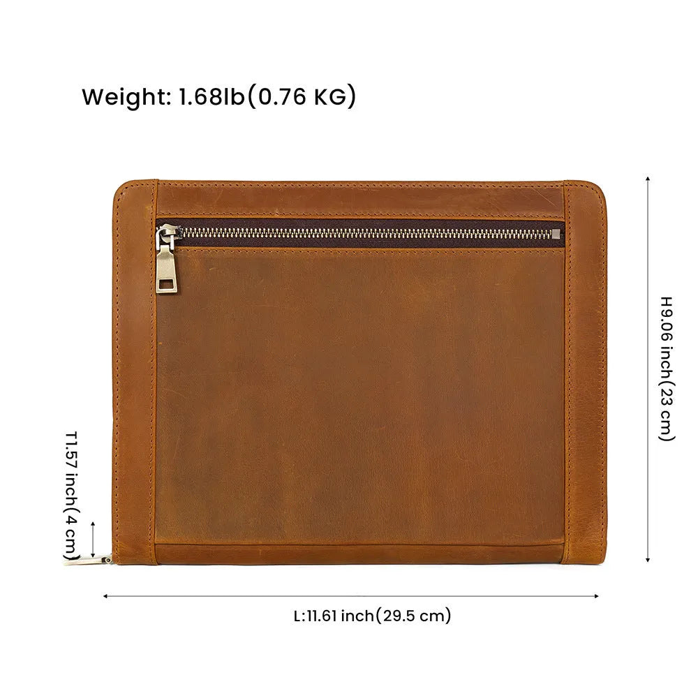 Genuine leather cowhide laptop protective case in brown with stitching and zipper closure