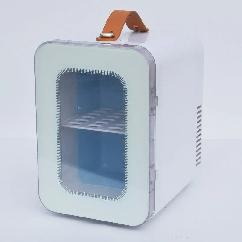 Pink dual-use mini refrigerator with transparent door showing 6L capacity for car and home cooling and heating