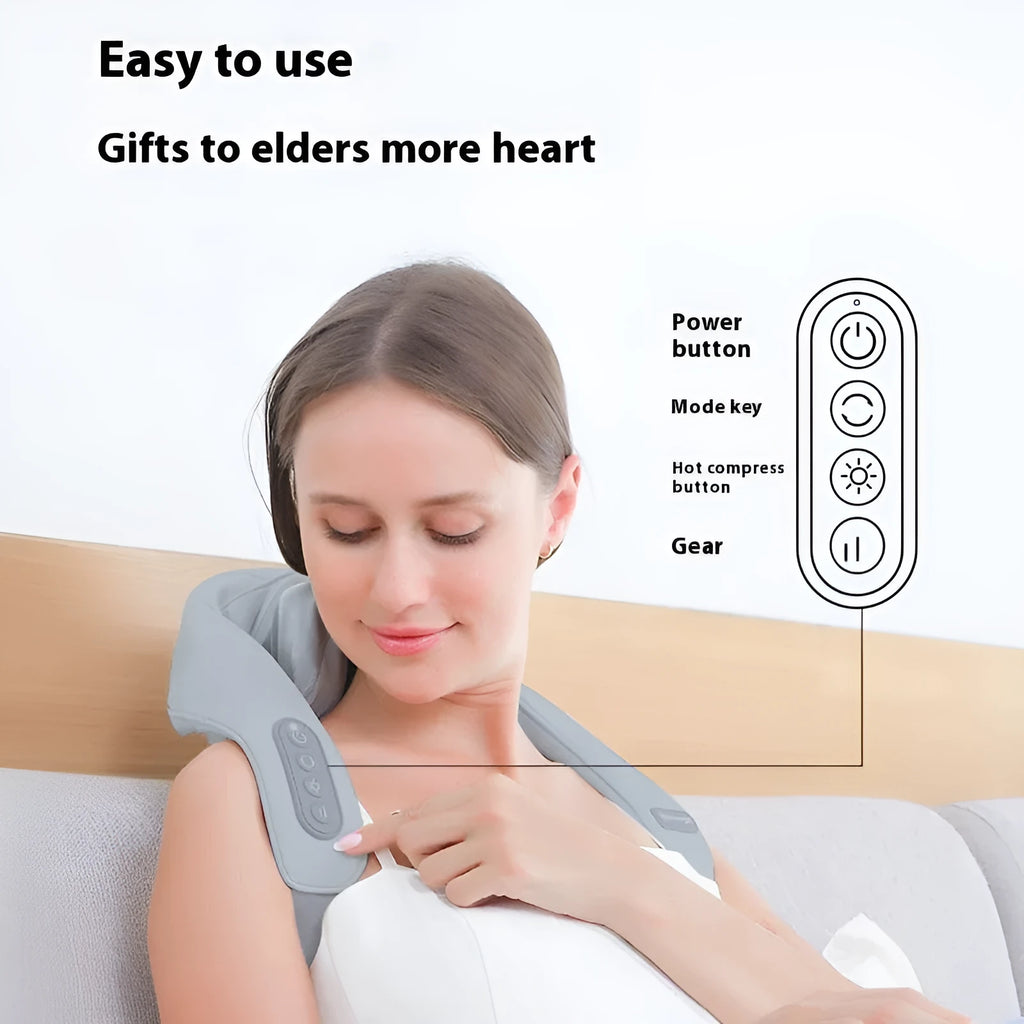 Grey elastic fabric USB rechargeable neck and back massage instrument with two gears.