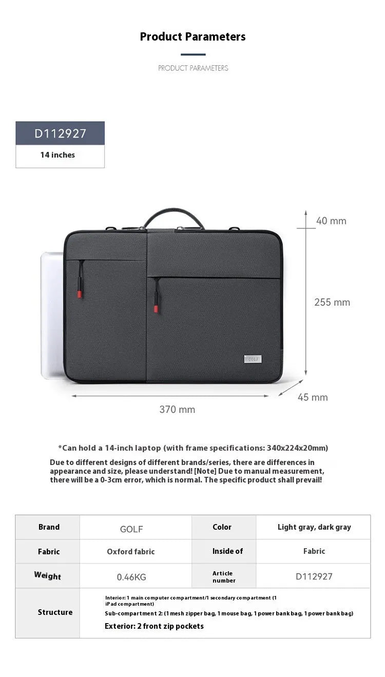 Men's 14-inch laptop sleeve in dark gray Oxford fabric with shoulder strap