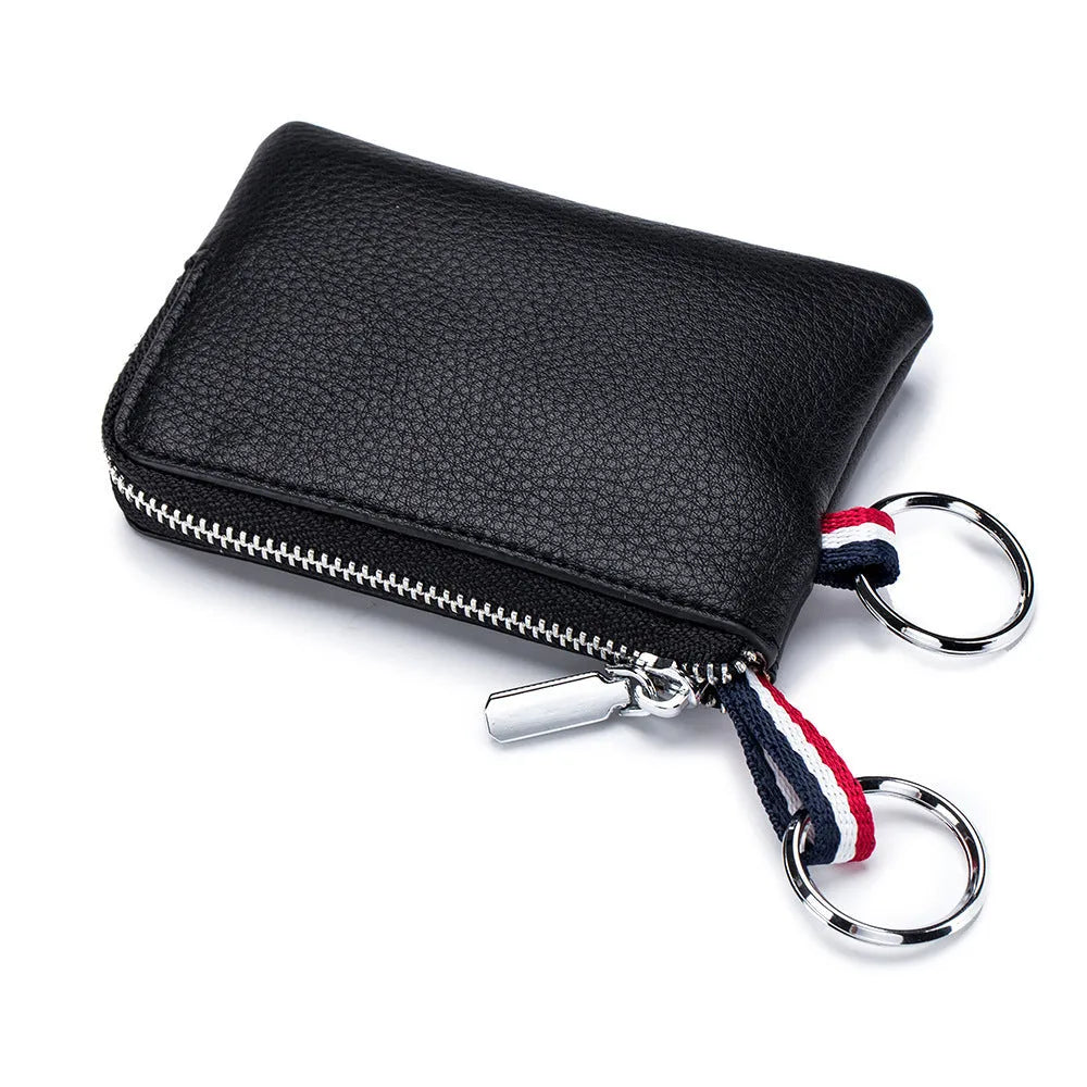 Men's ultra-thin leather zip coin purse in black, brown or green for cards, licence and keys
