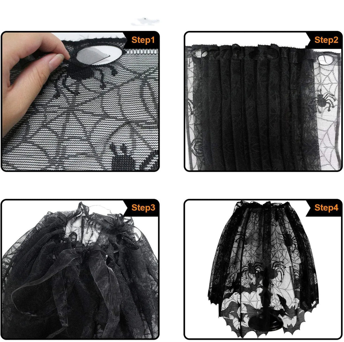 Black lace spider mesh Halloween tablecloth, rectangular 50 x 152cm polyester, with ribbon.