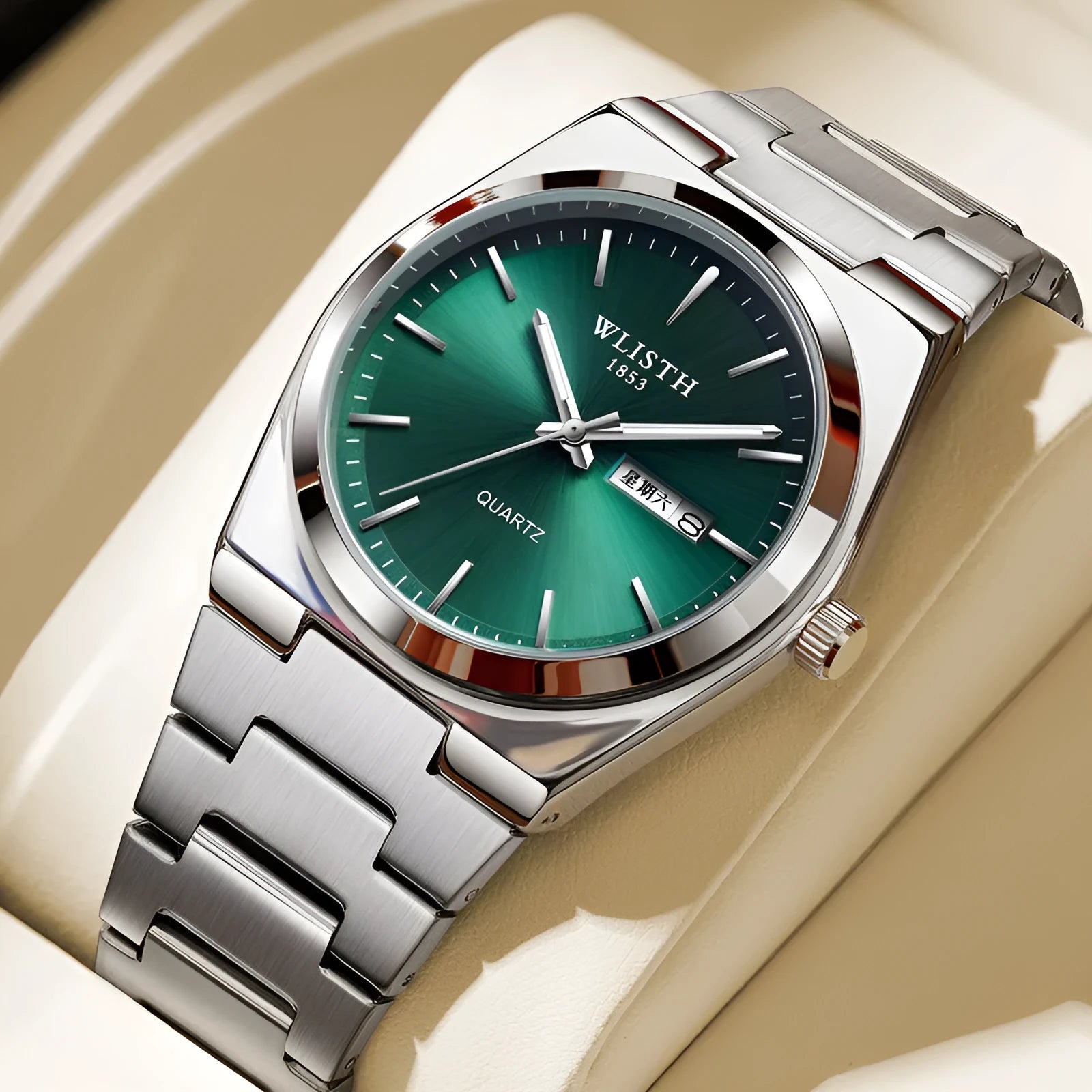 Waterproof luminous quartz ultra-thin men's watch with gold case and silver stripes, 10mm thickness, on display.