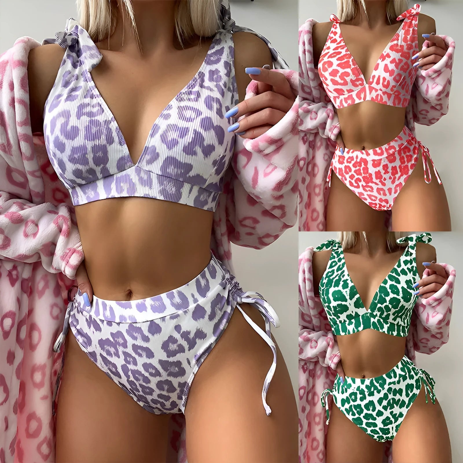 Women's purple leopard print sleeveless suit with lace-up chest detail and high-waist shorts
