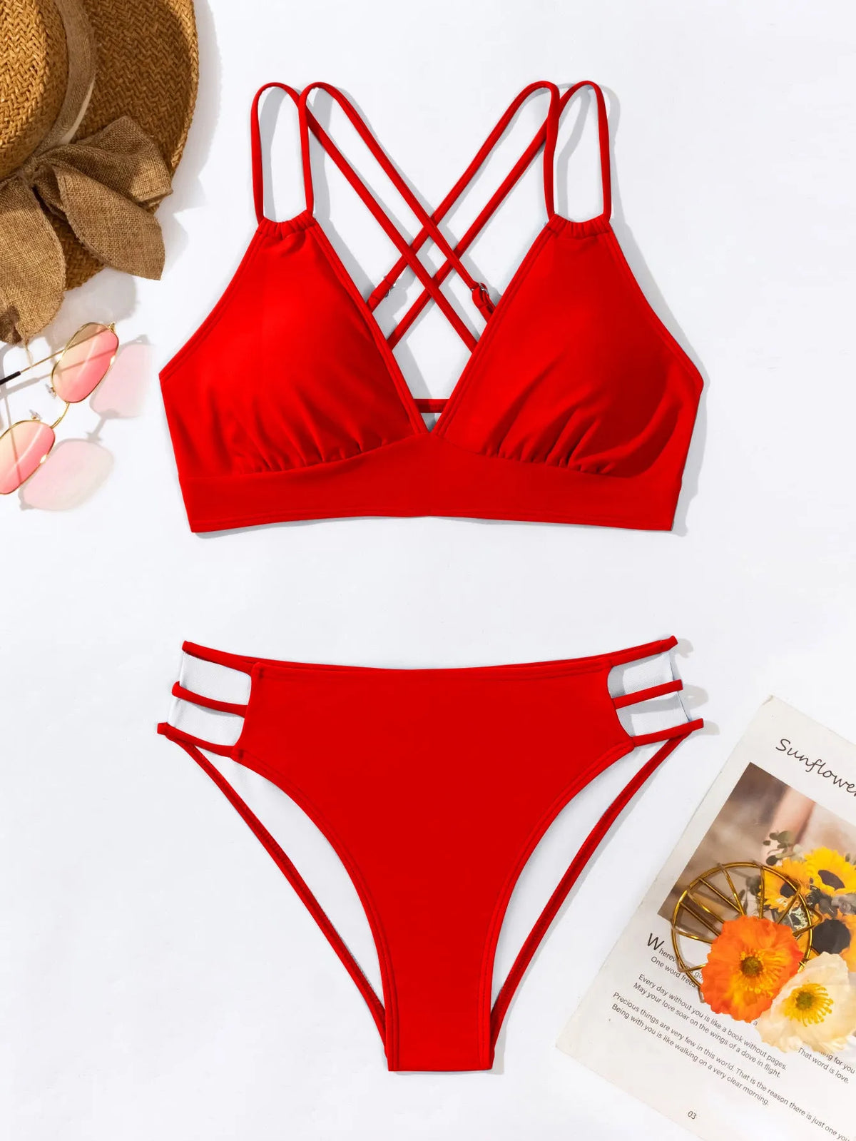 Adult women's black V-neck halter bikini with split-leg high-cut shorts.