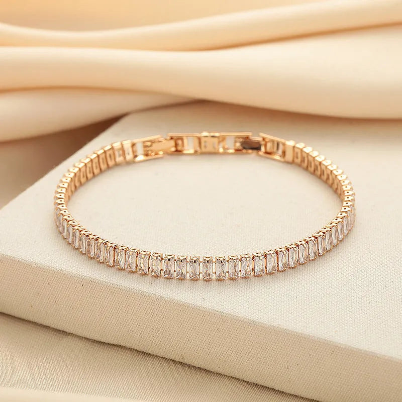 Rectangular geometric women's bracelet with full diamond zircon inlay in champagne gold colour