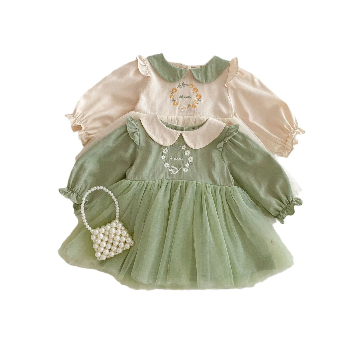 Girls' floral spring dress, long sleeve cotton dress in beige or pastoral green for heights 73-120cm