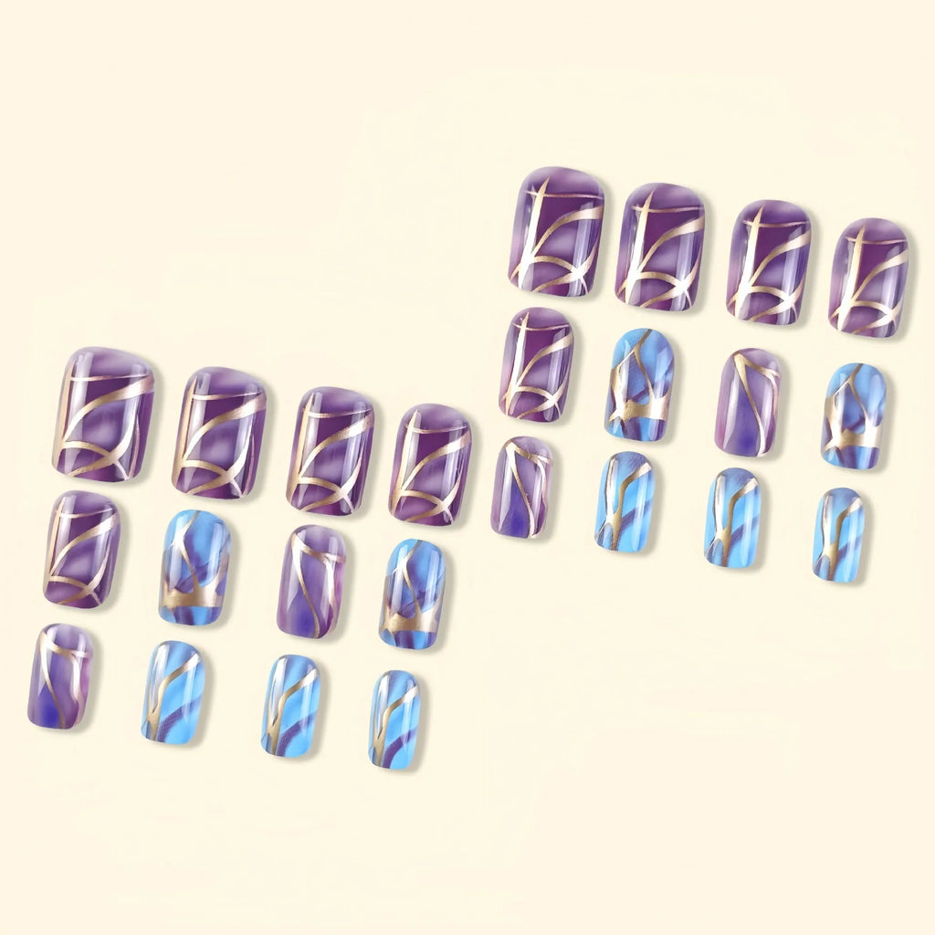 Purple striped nail stickers with European and American style design on medium-length nails