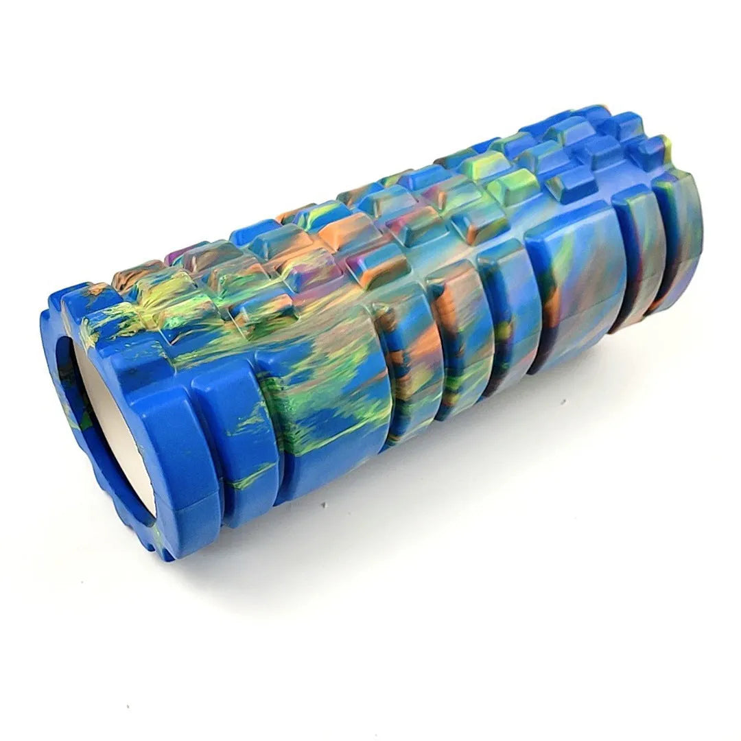 33cm camouflage EVA foam roller in blue green yellow pattern for fitness and massage