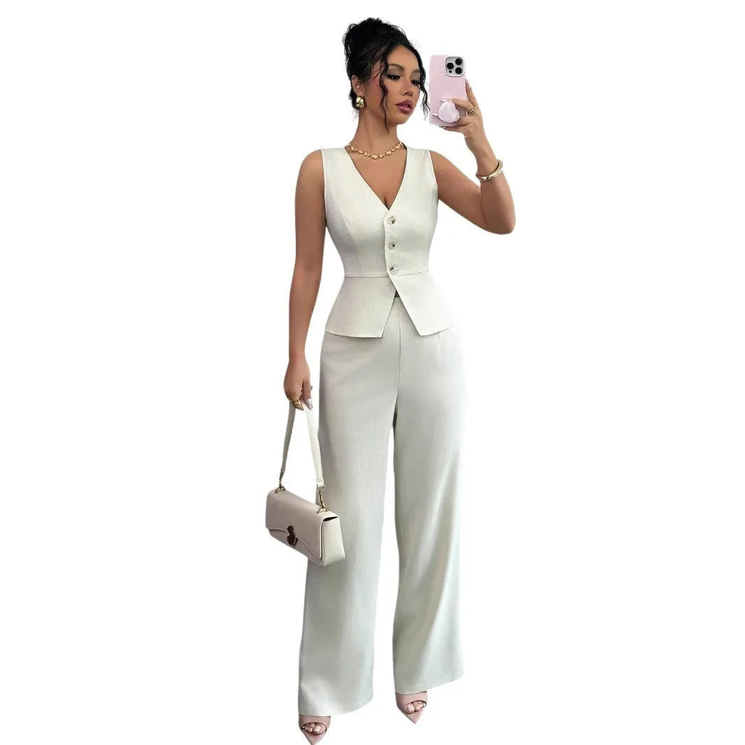 Women's solid colour sleeveless vest and high-waist trousers two-piece set in a casual style.