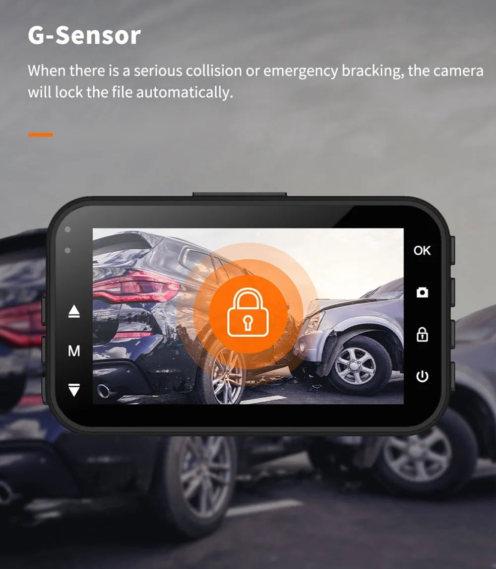 ThiEYE front and rear car dash camera system with 3-inch screen displayed next to its waterproof rear camera unit.