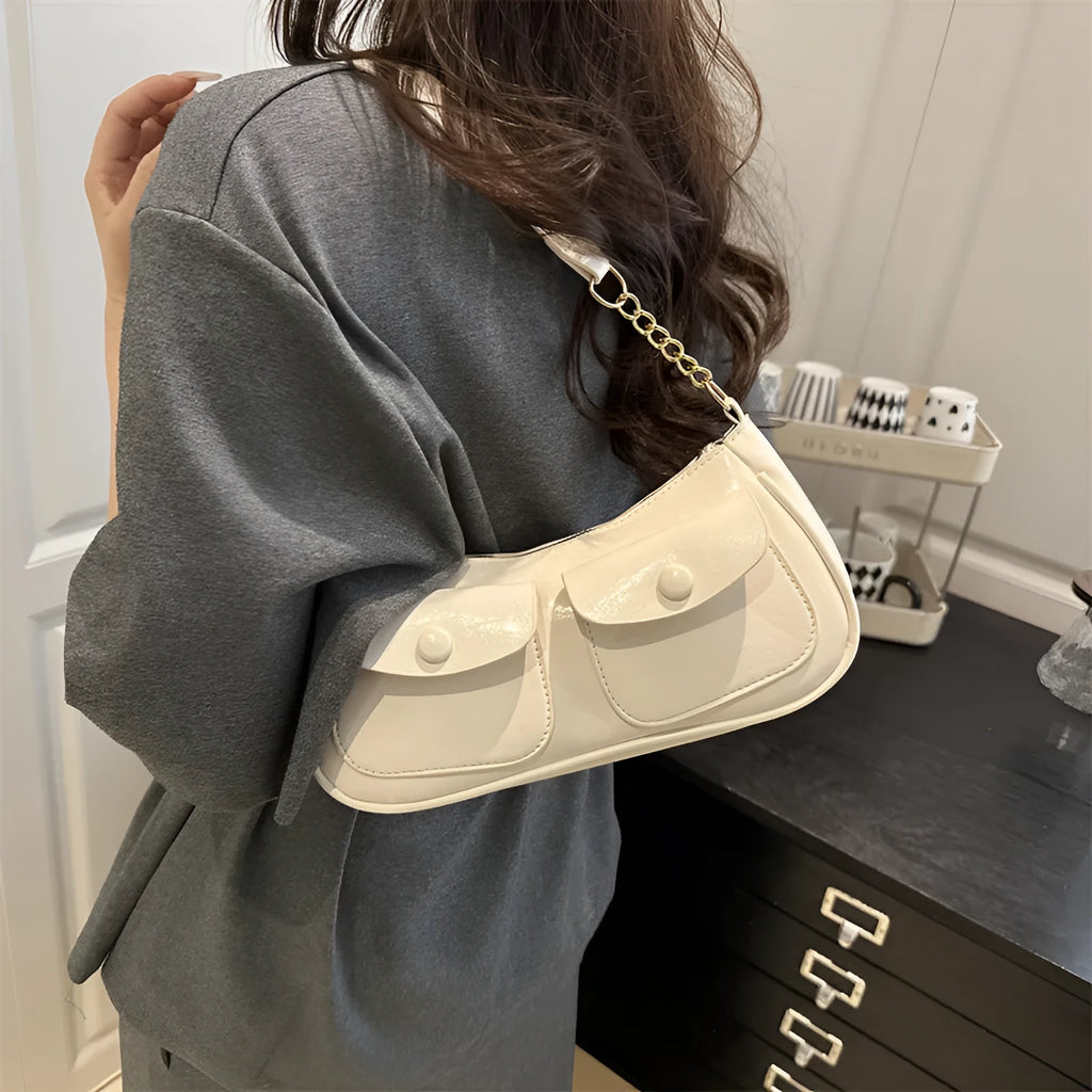PU clamshell bag for women in horizontal square shape with single strap and splicing detail, available in black coffee red white colours
