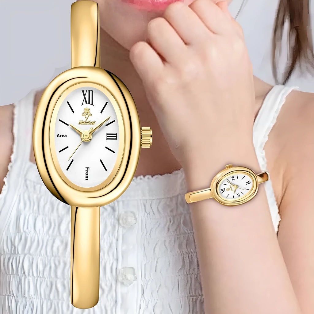 Women's oval retro quartz watch with 8mm case thickness in gold colour variant