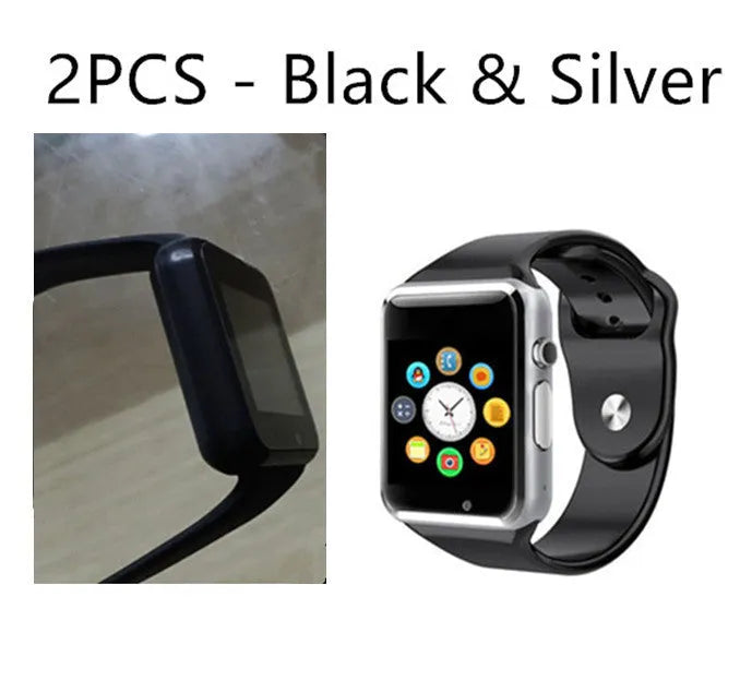 A1 model smart watch on wrist showing 1.54-inch display, available in black, silver, white, gold, pink, red, green, blue.