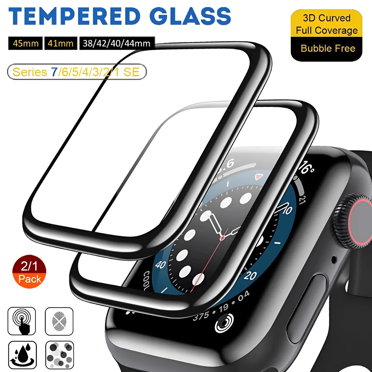 PMMA curved full screen protective film for Apple Watch in transparent black, sizes 38mm to 49mm