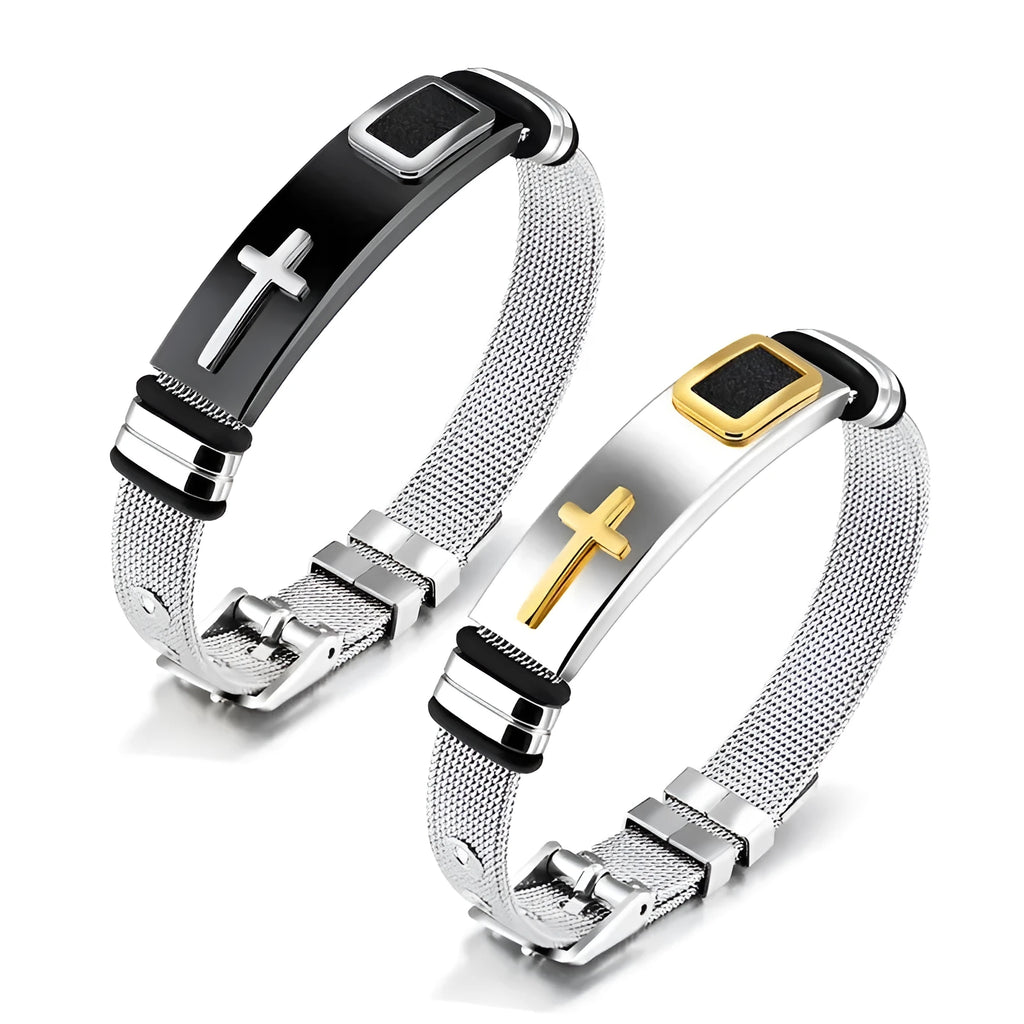 Adjustable 3D cross bracelet in stainless steel mesh chain, gold or black, about 24g, for women and men