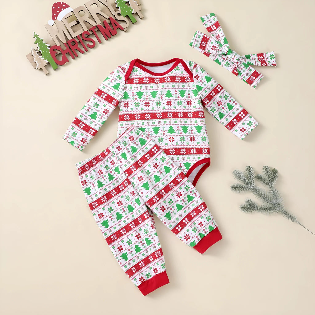 Christmas tree print 3-piece baby outfit with long-sleeve bodysuit, pants, and hat in cotton blend, unisex sizes 3-24 months