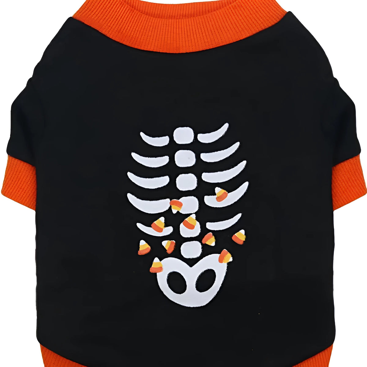 Halloween pet sweatshirt in orange and white cotton with skeleton pattern, ribbed collar and cuffs, sizes XS to XL.