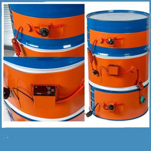 Flexible silicone rubber heating belt wrapped around a 200-litre oil drum with control unit visible