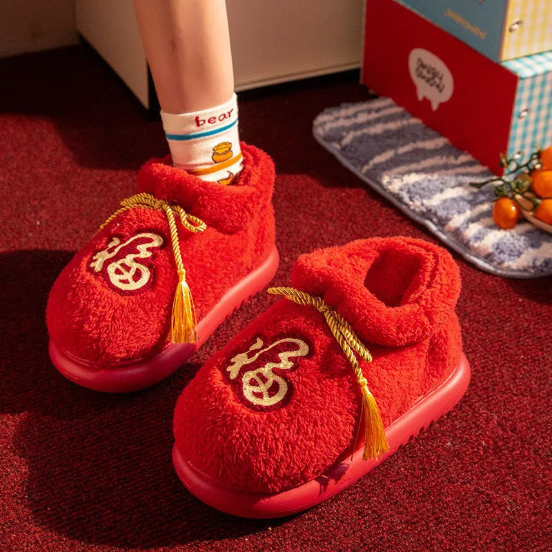 Red ethnic indoor woolen slippers with suede upper and EVA sole, sizes 36 to 45