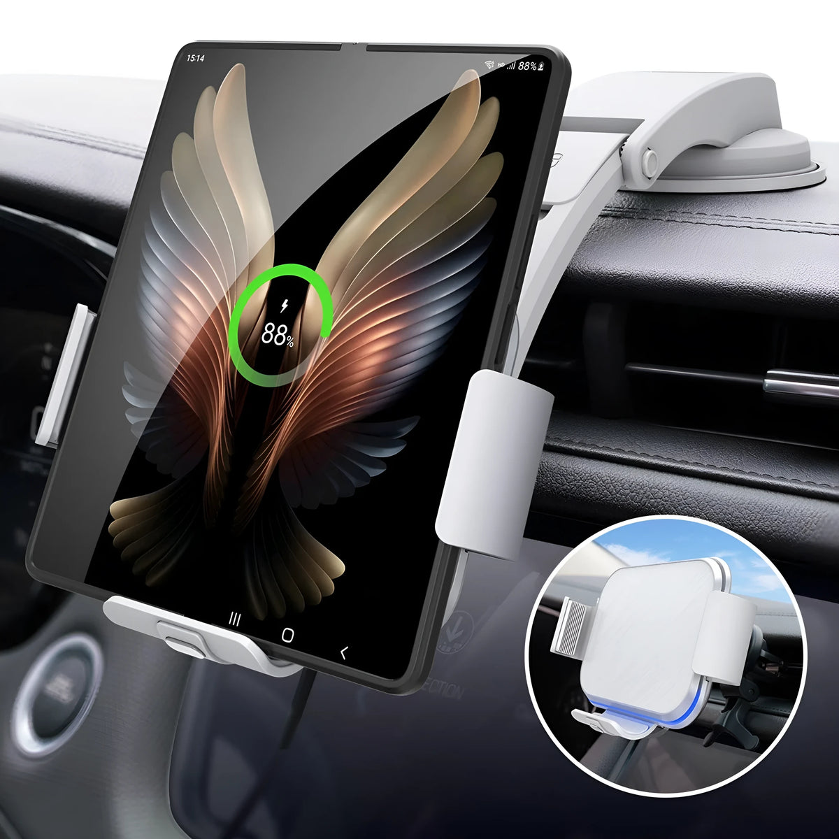 Grey car phone holder with wireless charging and folding screen design on dashboard