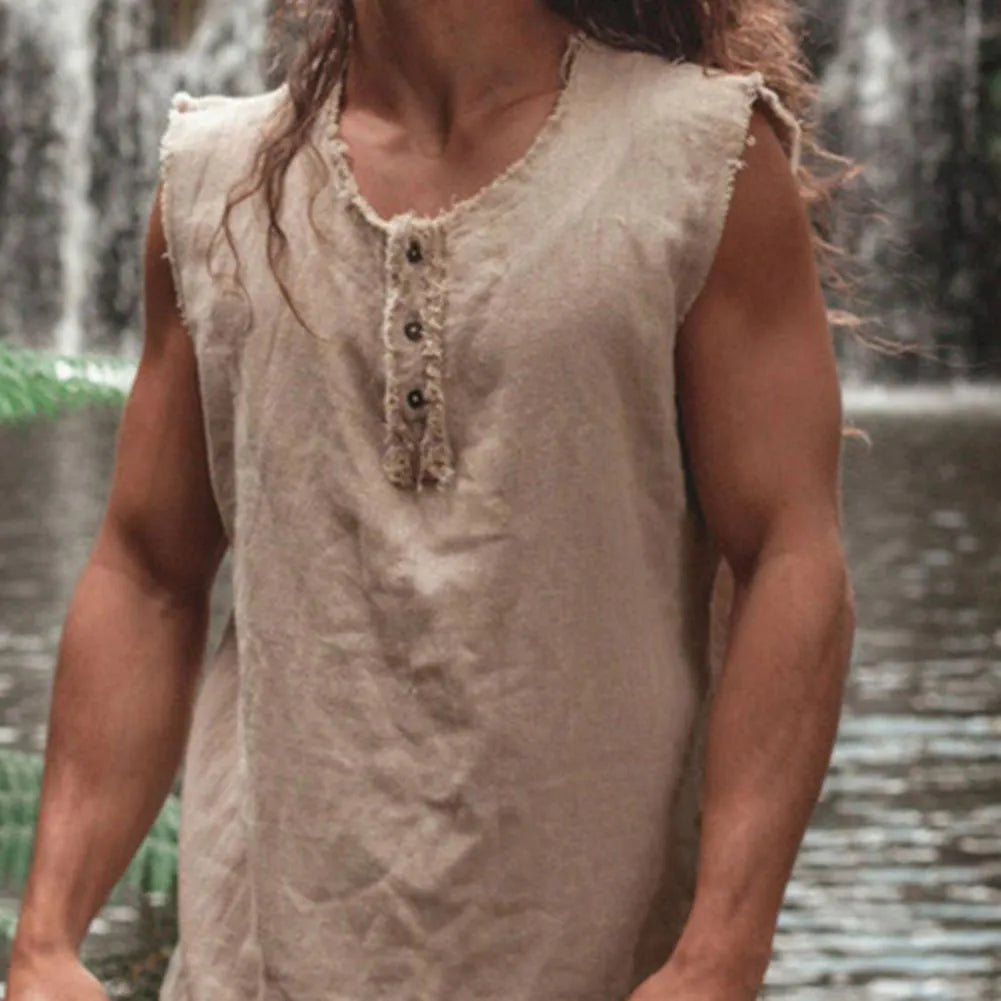 Men's solid colour linen vest with loose fit, round hem, and printed detailing in a casual style
