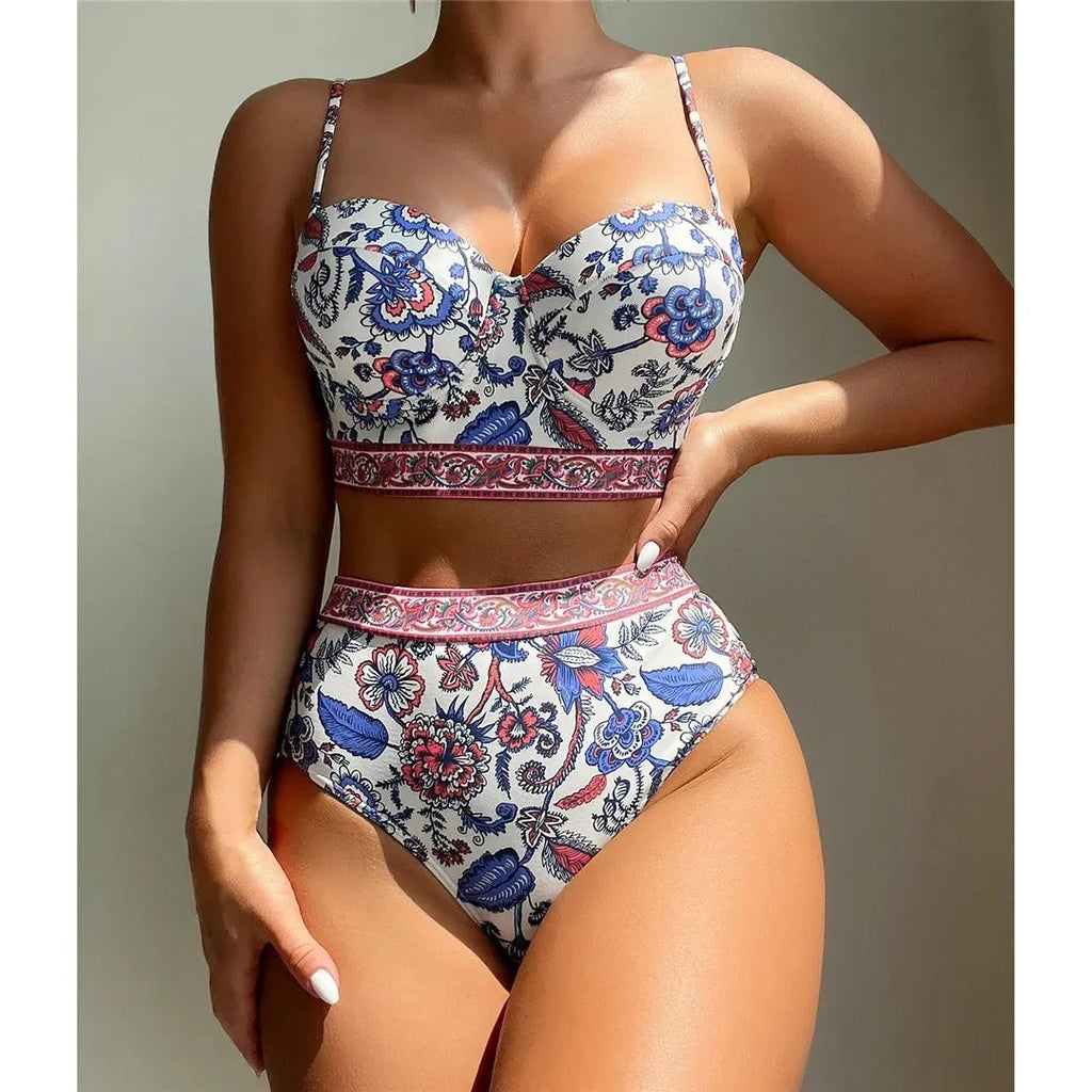 Blue women's high waist push-up bikini swimsuit set on a white background.
