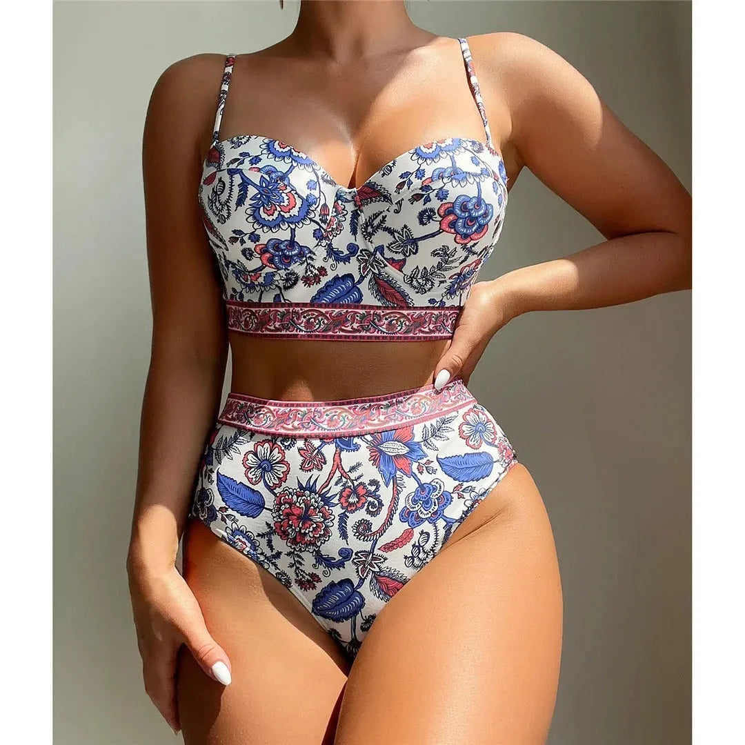 Blue women's high waist push-up bikini swimsuit set on a white background.