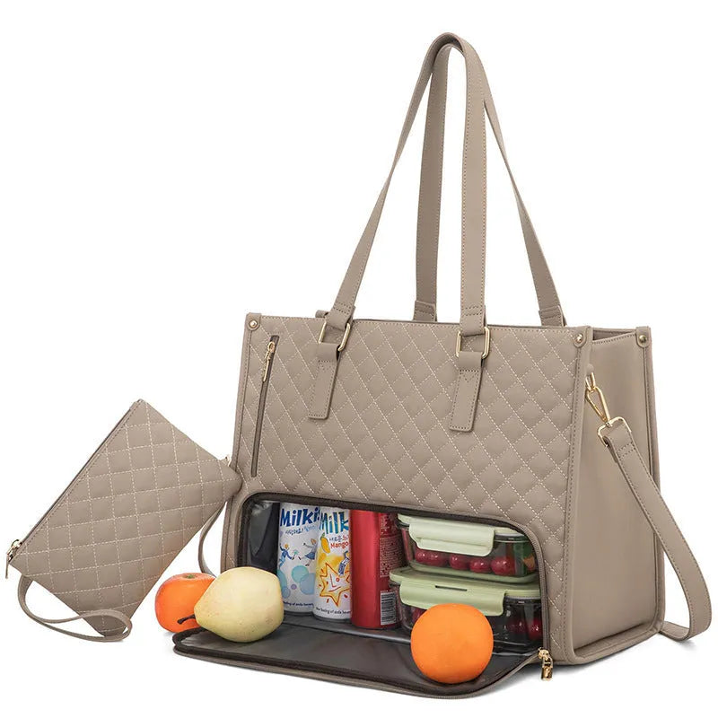 Women's quilted 2-in-1 thermal lunch tote bag with purse, 42 x 32cm, artificial leather, crossbody laptop storage