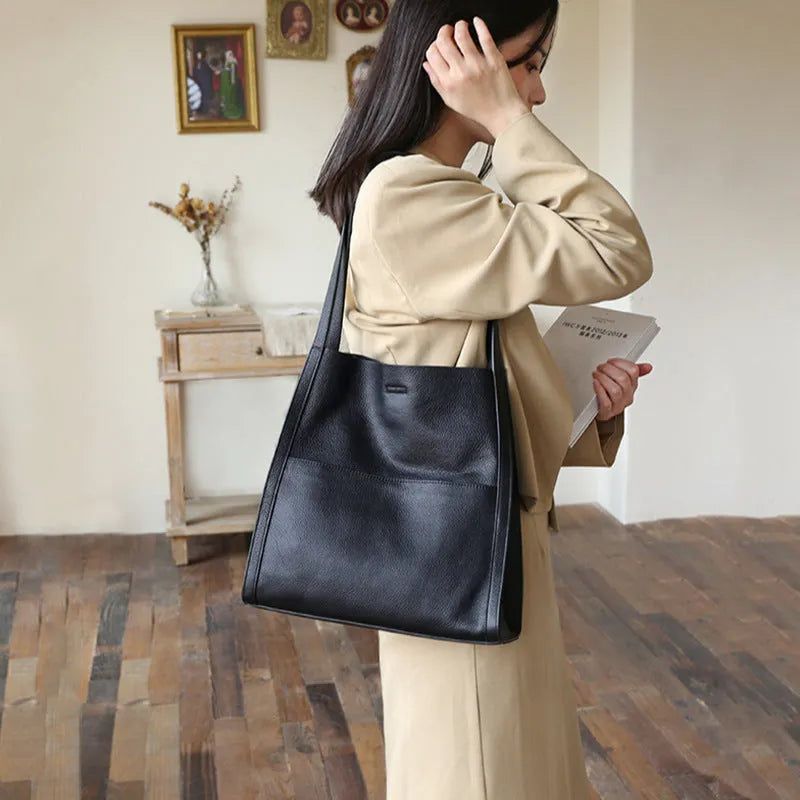 Genuine leather business commute shoulder bag square vertical shape soft first layer cowhide black colour