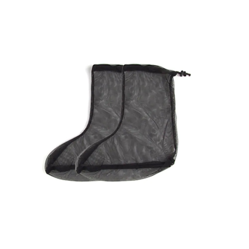 Four-piece mesh anti-mosquito suit set including a hooded top, pants, and booties for outdoor camping.