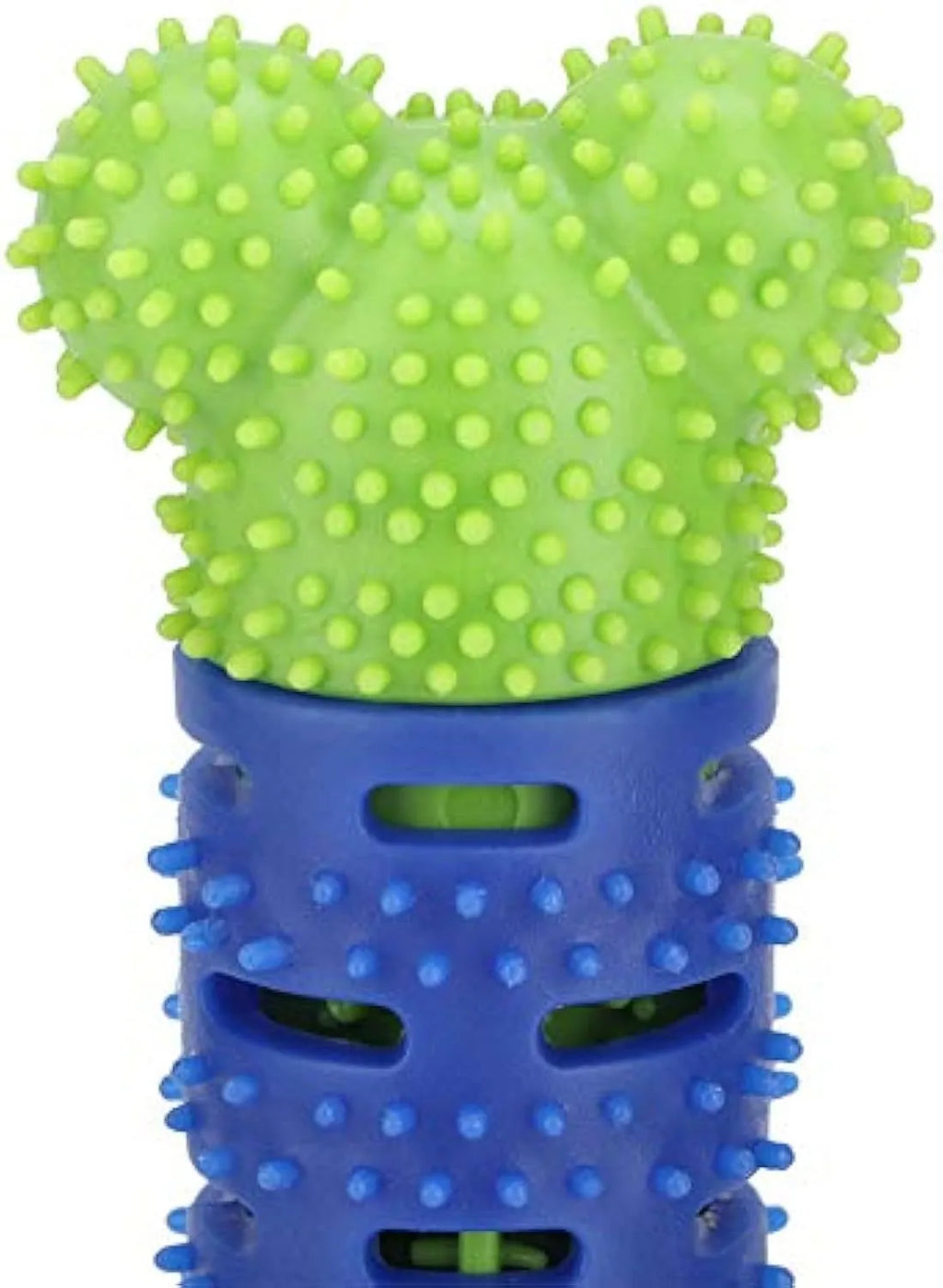 Blue-green dog dental chew toy with silicone brushing nodules and massage bumps for teeth cleaning