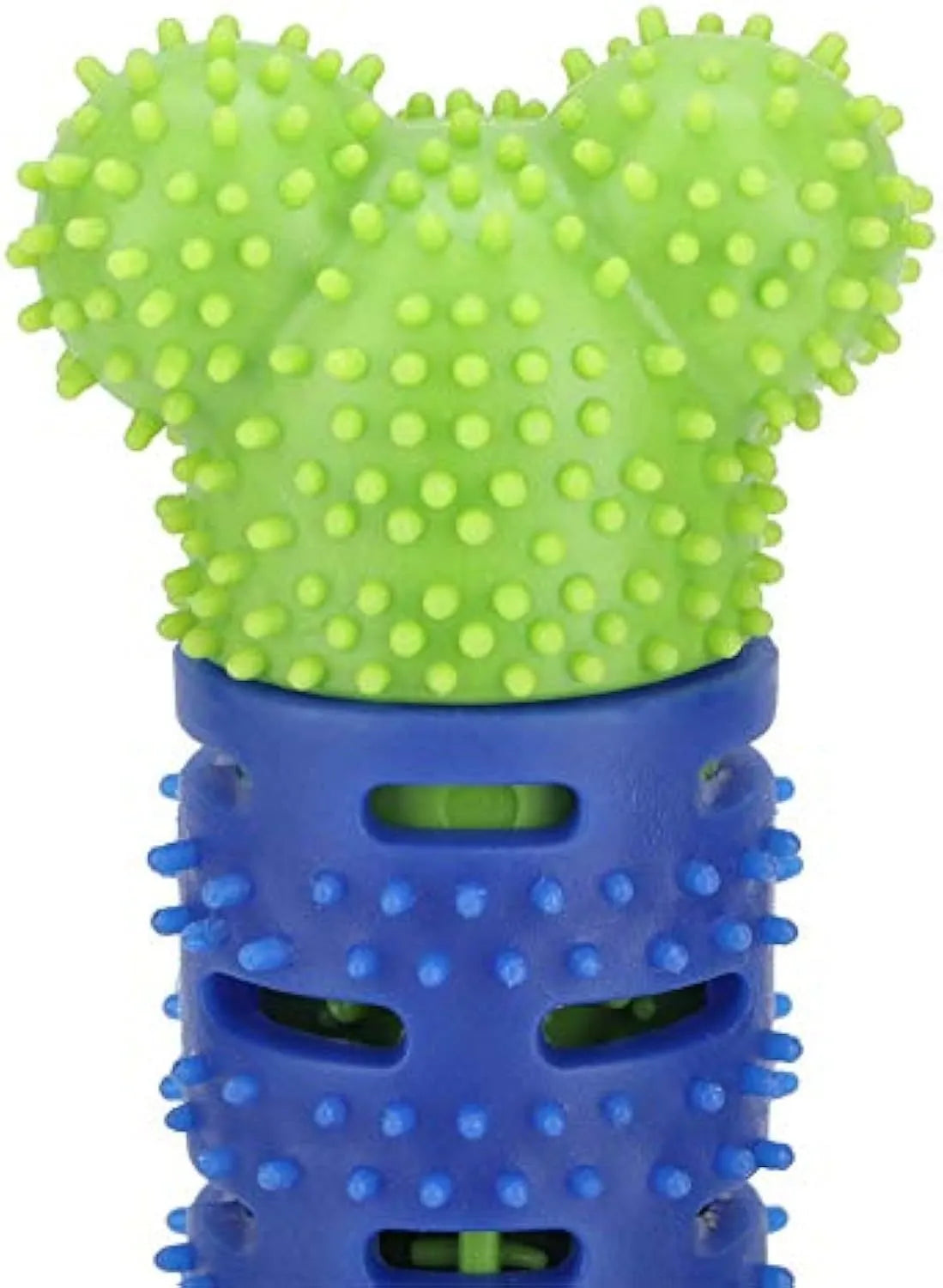 Blue-green dog dental chew toy with silicone brushing nodules and massage bumps for teeth cleaning