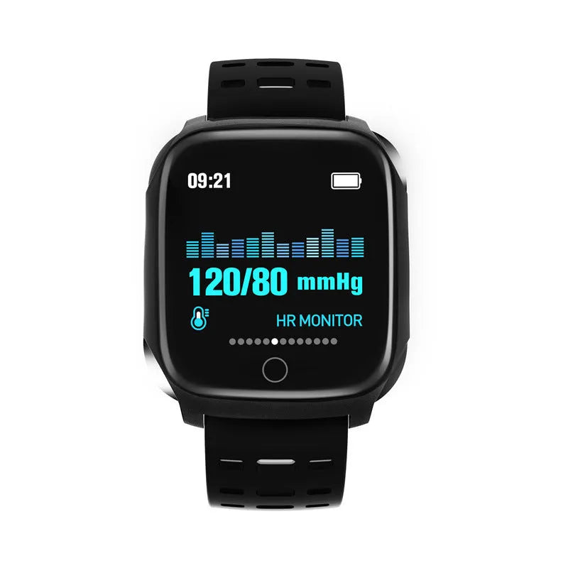 F16 smart watch with black and green silicone strap displaying health metrics on its screen.