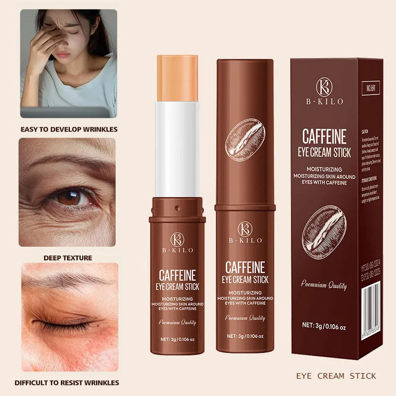 Caffeine eye cream stick in a white tube for under-eye hydration and dark circles.
