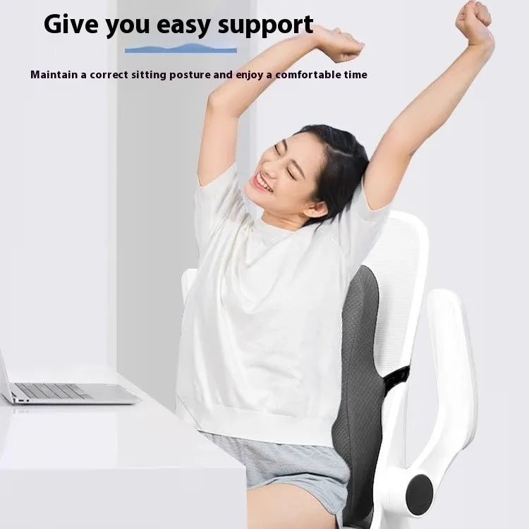 Grey office lumbar support pillow on a chair, dimensions 40x40x8cm