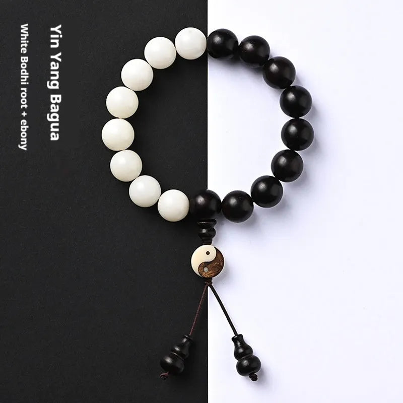 Retro style Bodhi seed bracelet with 11mm eight-diagram shaped blackwood beads