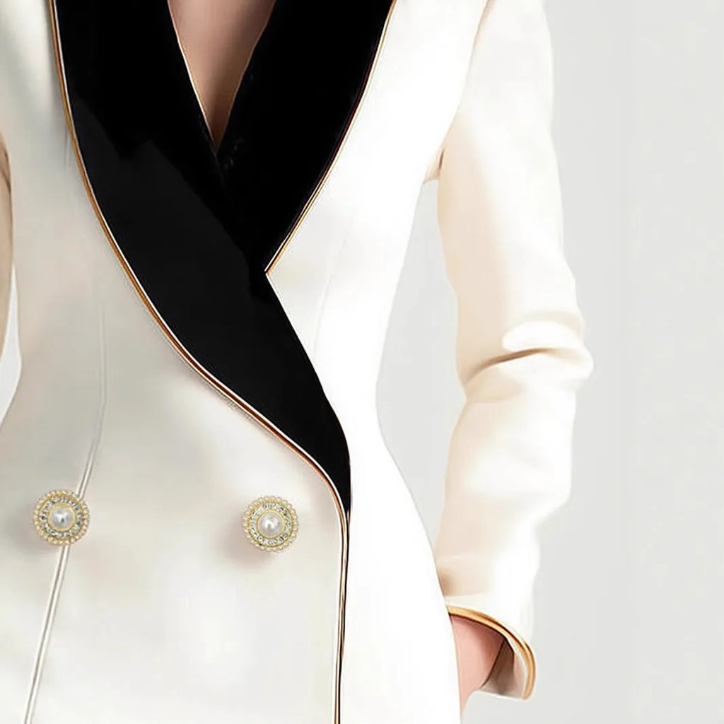 Milky white women's irregular long sleeve coat with golden edge pearl buttons on a hanger.