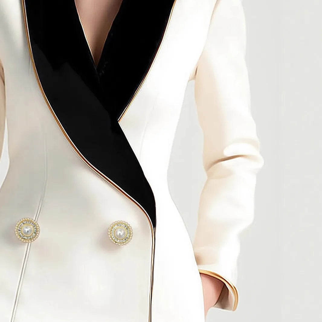 Milky white women's irregular long sleeve coat with golden edge pearl buttons on a hanger.