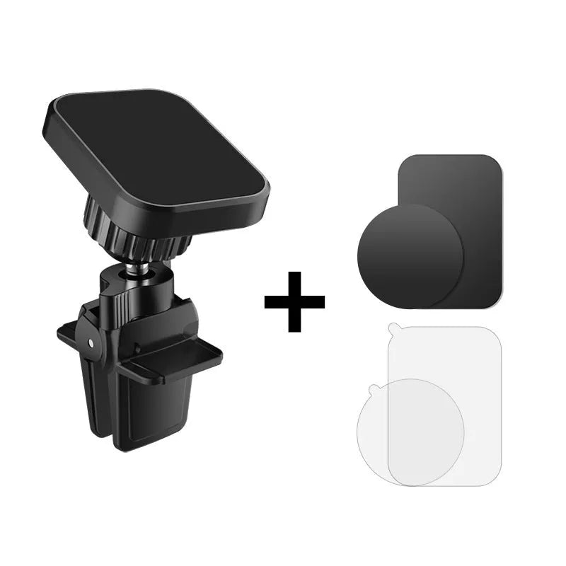 Black magnetic car phone holder attached to vehicle air vent with mobile phone mounted