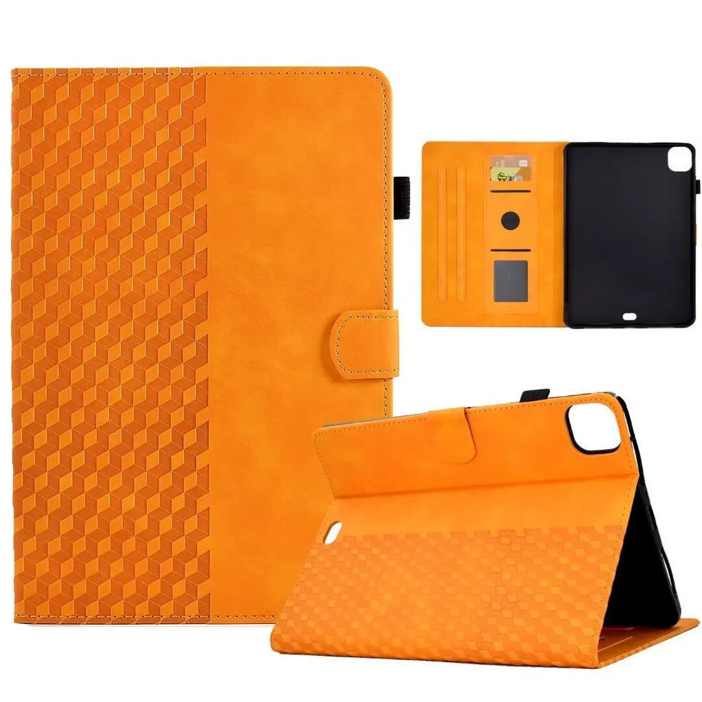Embossed leather iPad case for iPad Pro 11 and Air 11 with card holder slot and stand open.