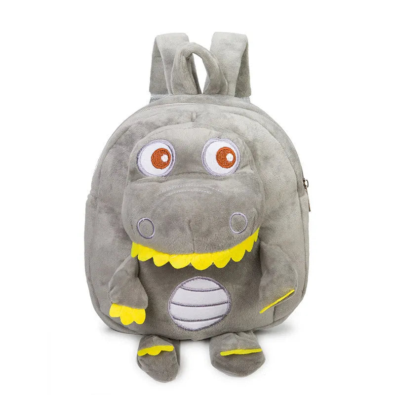 Blue dinosaur plush backpack for children with embroidery detail and soft handle