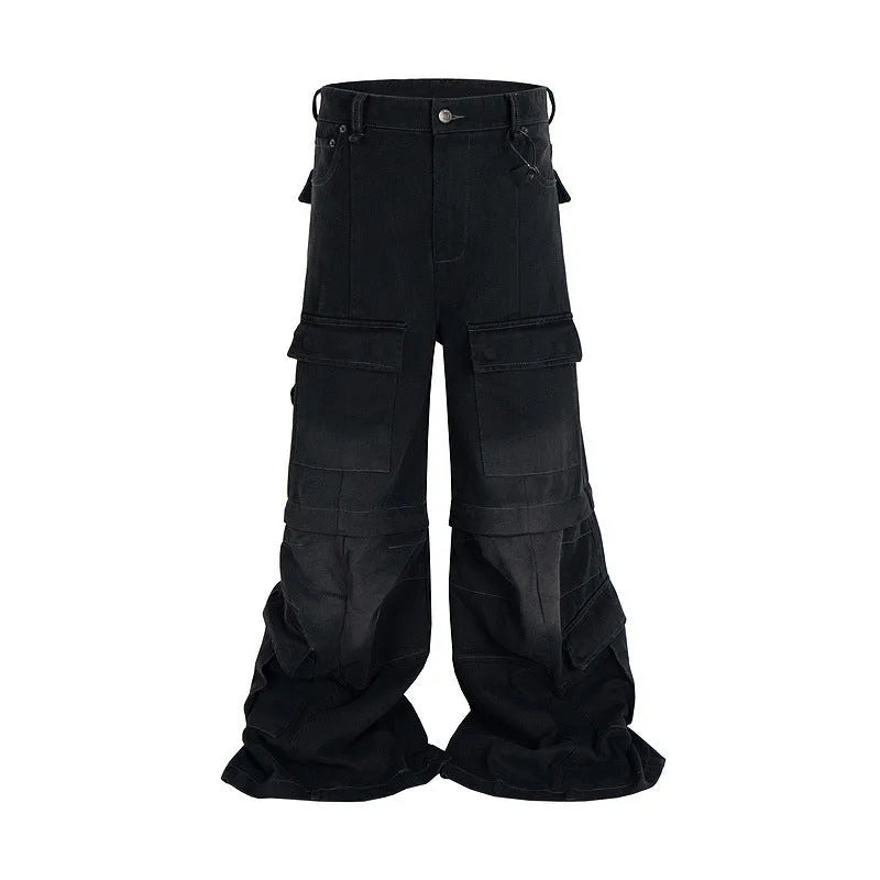 Detachable washed-out cotton overalls with multiple pockets in mid-waist style for teenagers