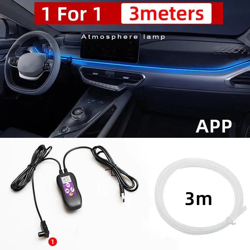 Car interior LED atmosphere light strips installed along dashboard and centre console with colour-changing illumination