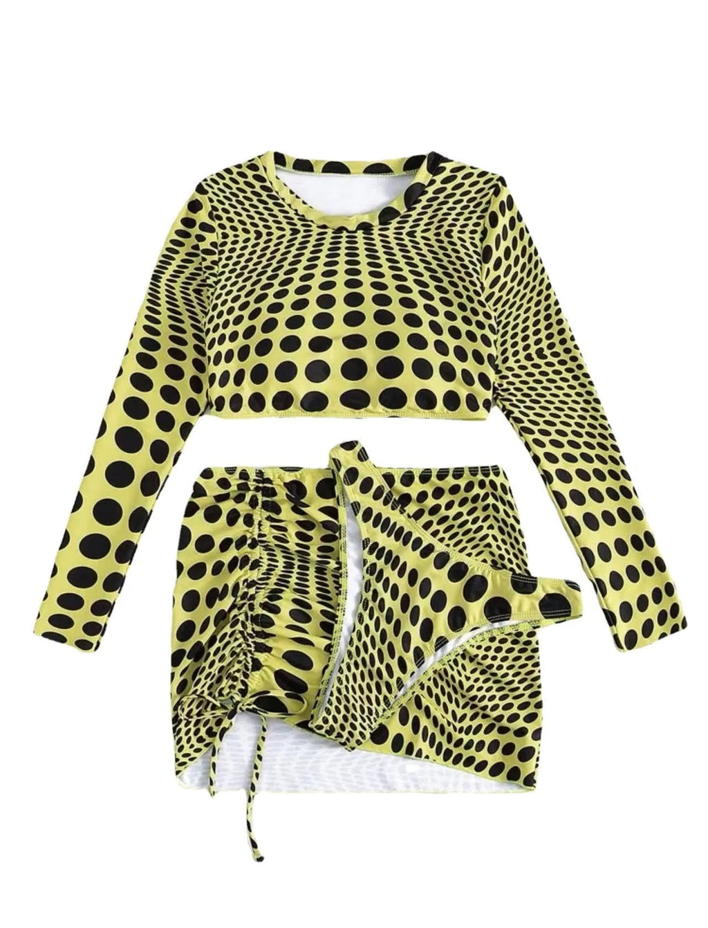 Women's green polka dot swimsuit three-piece set showing top, skirt, and bra