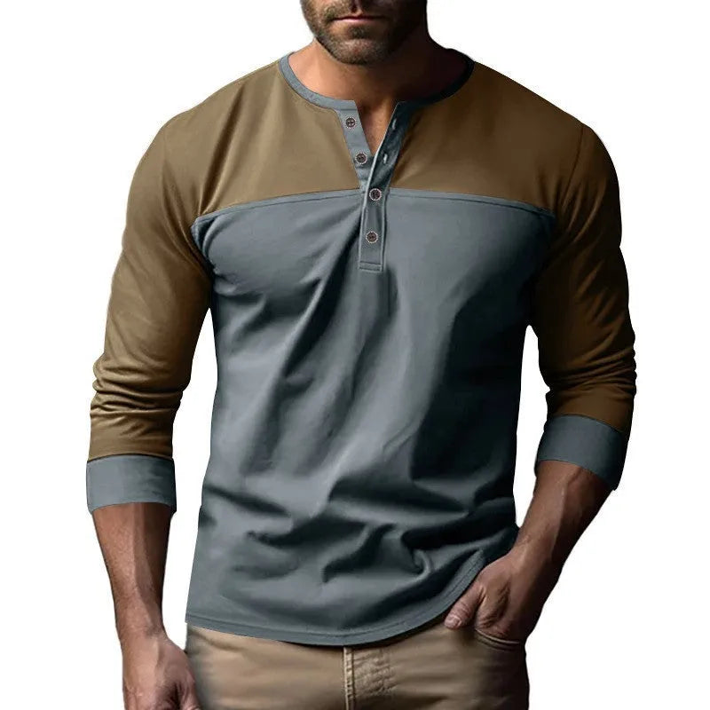 Men's long-sleeve henley collar casual shirt in polyester beaded twill fabric