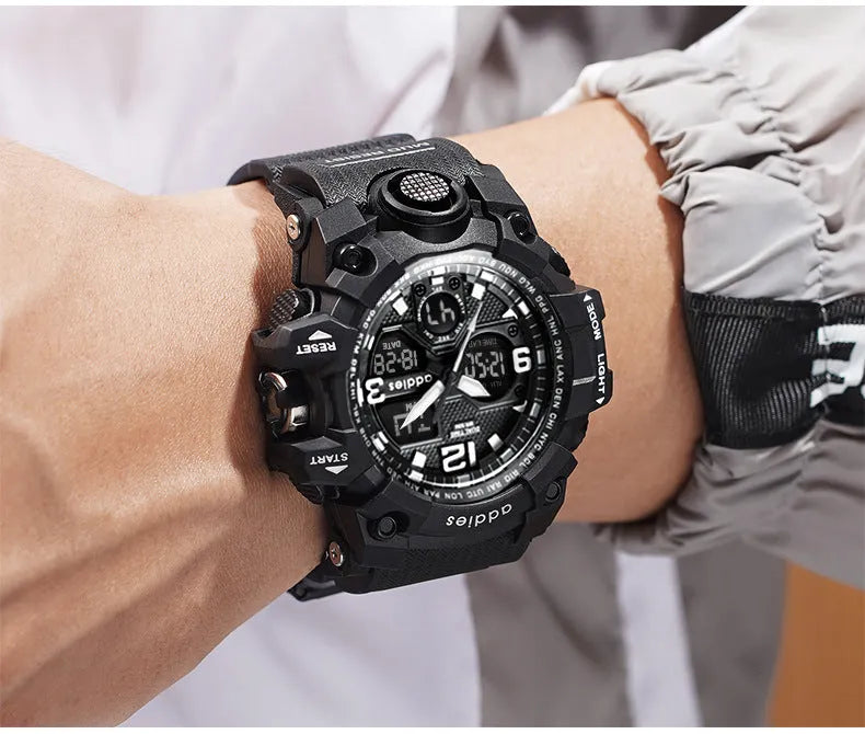 Men's electronic sports watch with dual analogue and digital display in black, red, white or transparent white